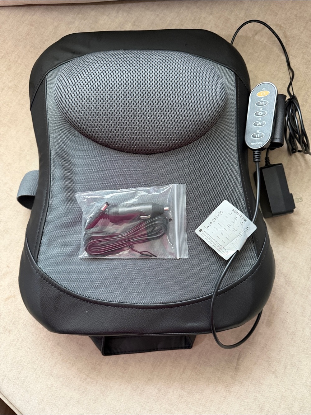 Gray and Black Shiatsu Massage Seat Cushion with Remote